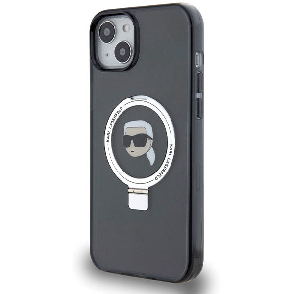 Husa MagSafe za Apple iPhone 15, Karl Lagerfeld, Ring Stand Karl's Head, Crna