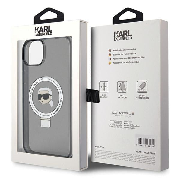 Husa MagSafe za Apple iPhone 15, Karl Lagerfeld, Ring Stand Karl's Head, Crna