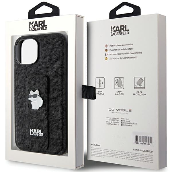Futrola MagSafe za Apple iPhone 15, Karl Lagerfeld, Saffiano Gripstand Choupette, Crna
