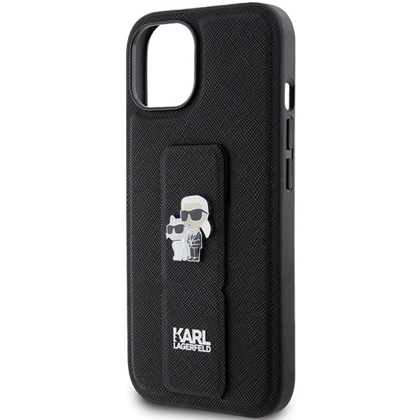 Futrola MagSafe za Apple iPhone 15, Karl Lagerfeld, Saffiano Gripstand Karl & Choupette, Crna