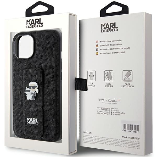 Futrola MagSafe za Apple iPhone 15, Karl Lagerfeld, Saffiano Gripstand Karl & Choupette, Crna