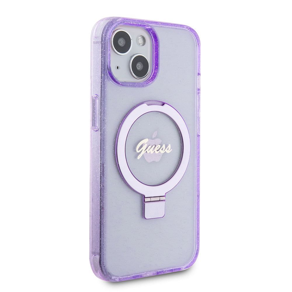 Futrola MagSafe za Apple iPhone 15 Plus, Guess, Ring Stand Script Glitter, Ljubičasta