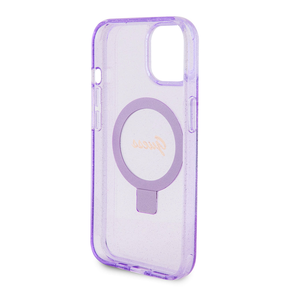 Futrola MagSafe za Apple iPhone 15 Plus, Guess, Ring Stand Script Glitter, Ljubičasta