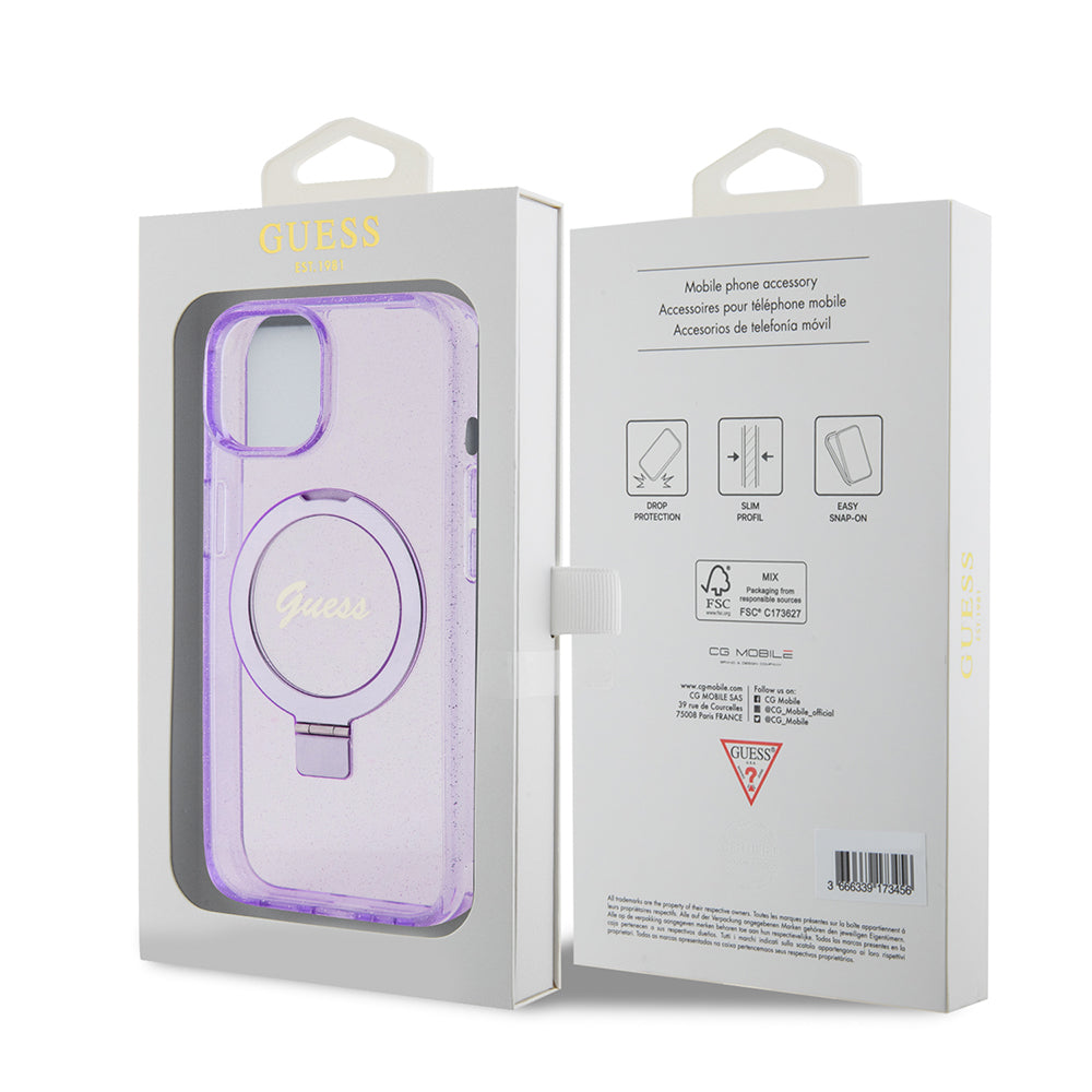 Futrola MagSafe za Apple iPhone 15 Plus, Guess, Ring Stand Script Glitter, Ljubičasta