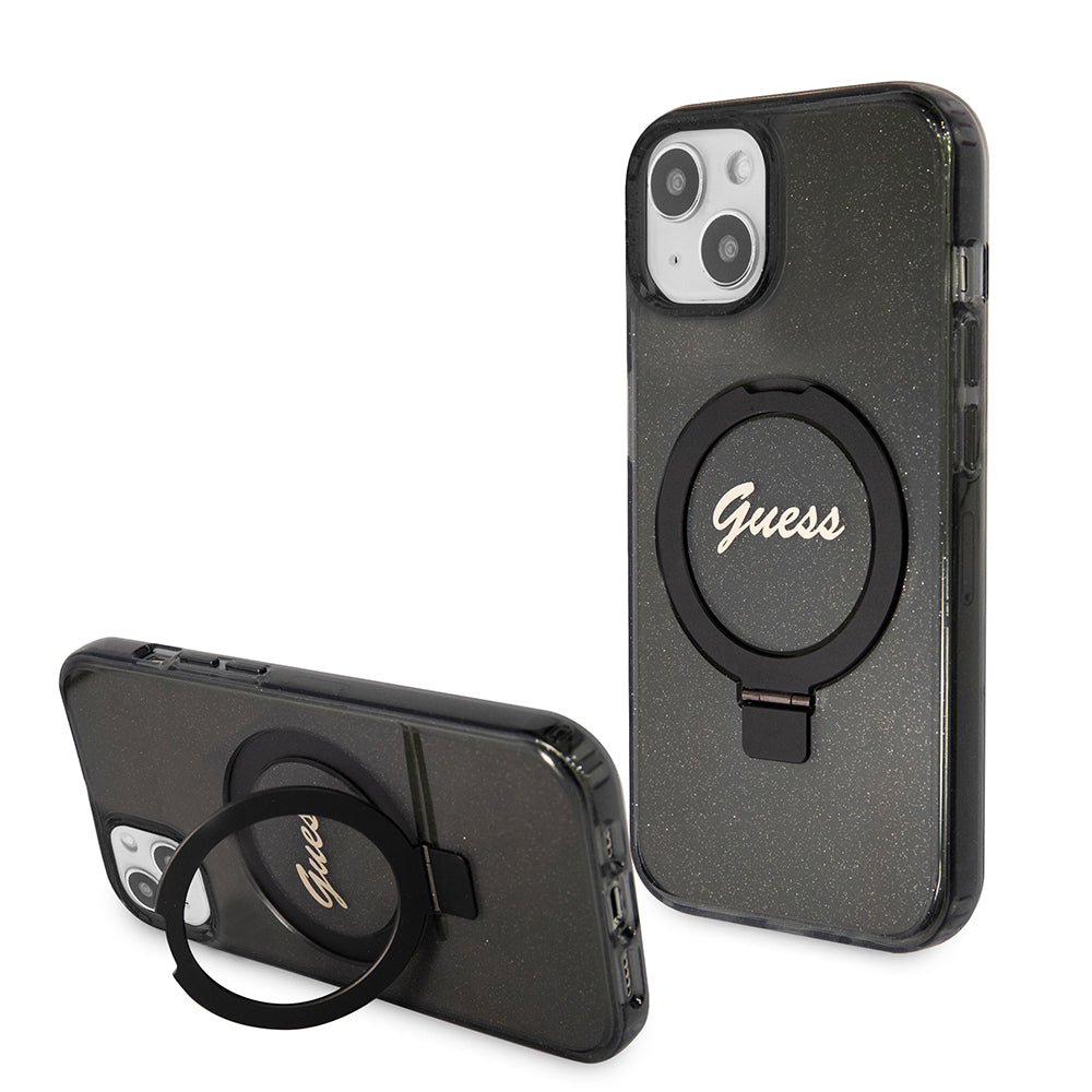 Futrola MagSafe za Apple iPhone 15 Plus, Guess, Ring Stand Script Glitter, Crna