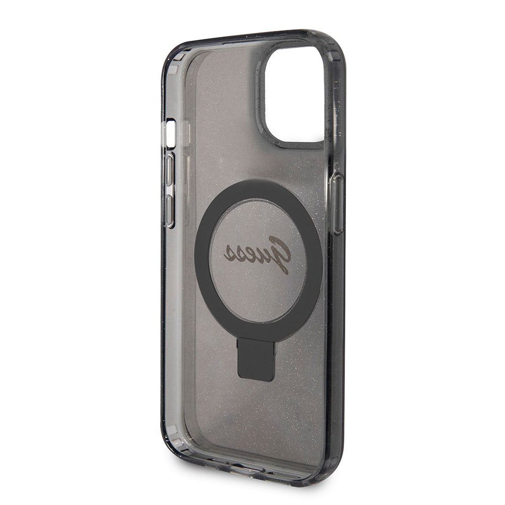 Futrola MagSafe za Apple iPhone 15 Plus, Guess, Ring Stand Script Glitter, Crna