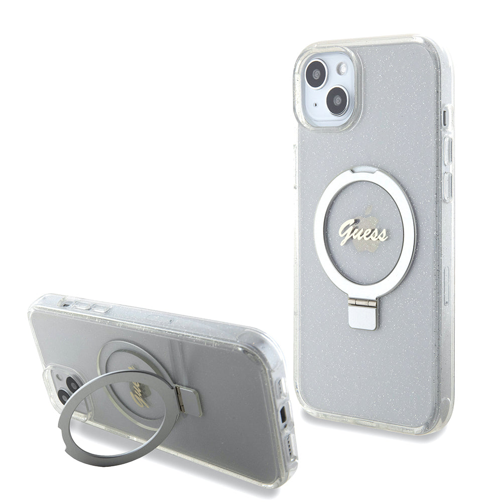 Futrola MagSafe za Apple iPhone 15 Plus, Guess, Ring Stand Script Glitter, Providna