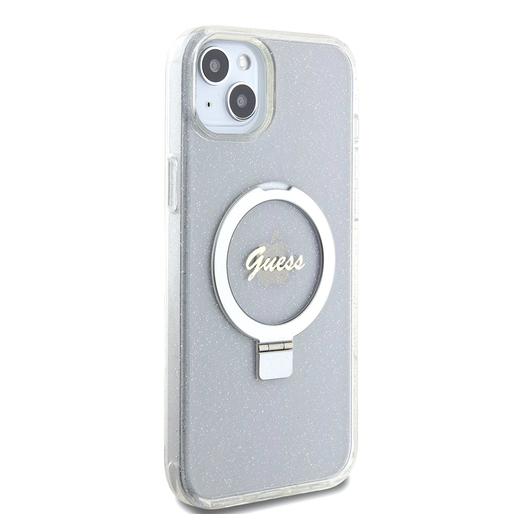 Futrola MagSafe za Apple iPhone 15 Plus, Guess, Ring Stand Script Glitter, Providna