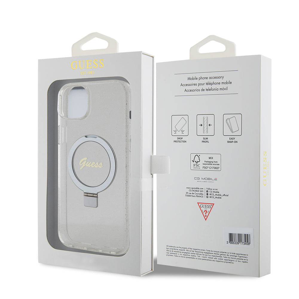 Futrola MagSafe za Apple iPhone 15 Plus, Guess, Ring Stand Script Glitter, Providna