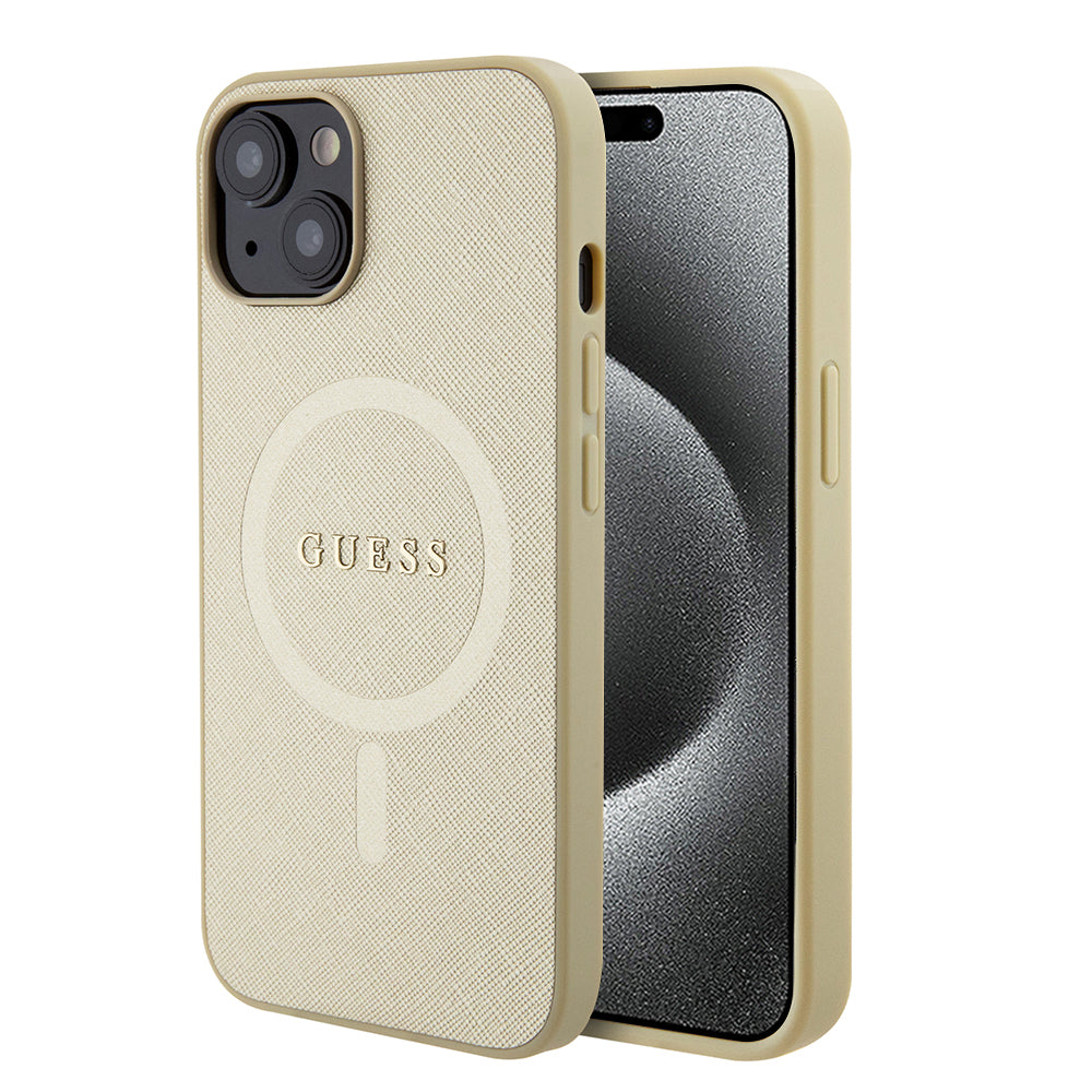 Futrola MagSafe za Apple iPhone 15 Plus, Guess, Saffiano, Zlatna