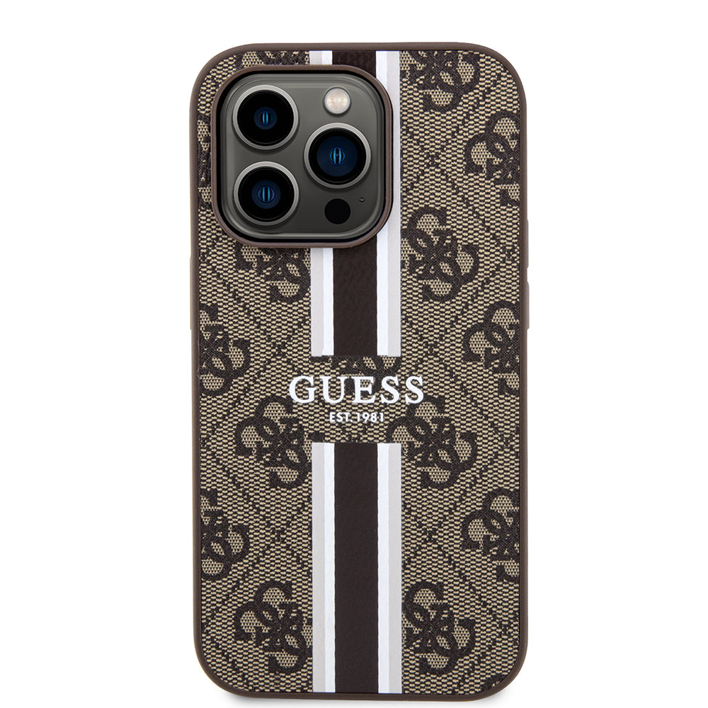 Husa MagSafe za Apple iPhone 15 Pro, Guess, 4G Printed Stripes, Braon