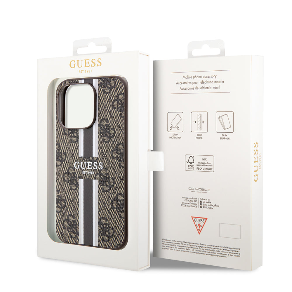 Husa MagSafe za Apple iPhone 15 Pro, Guess, 4G Printed Stripes, Braon
