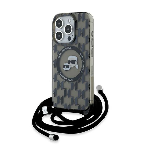 Futrola MagSafe za Apple iPhone 15 Pro, Karl Lagerfeld, IML Crossbody Monogram Karl & Choupette's Heads, Crna