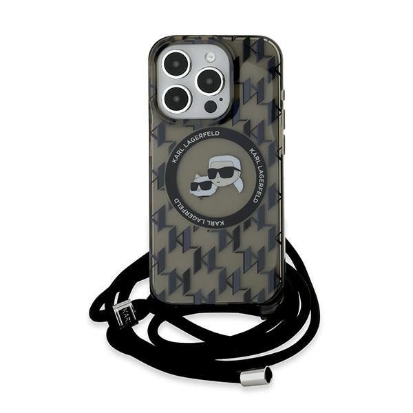 Futrola MagSafe za Apple iPhone 15 Pro, Karl Lagerfeld, IML Crossbody Monogram Karl & Choupette's Heads, Crna