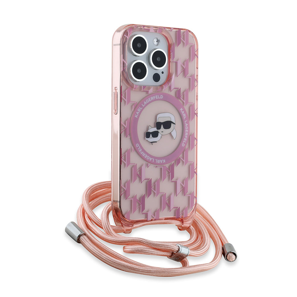 Futrola MagSafe za Apple iPhone 15 Pro, Karl Lagerfeld, IML Crossbody Monogram Karl & Choupette's Heads, Roze
