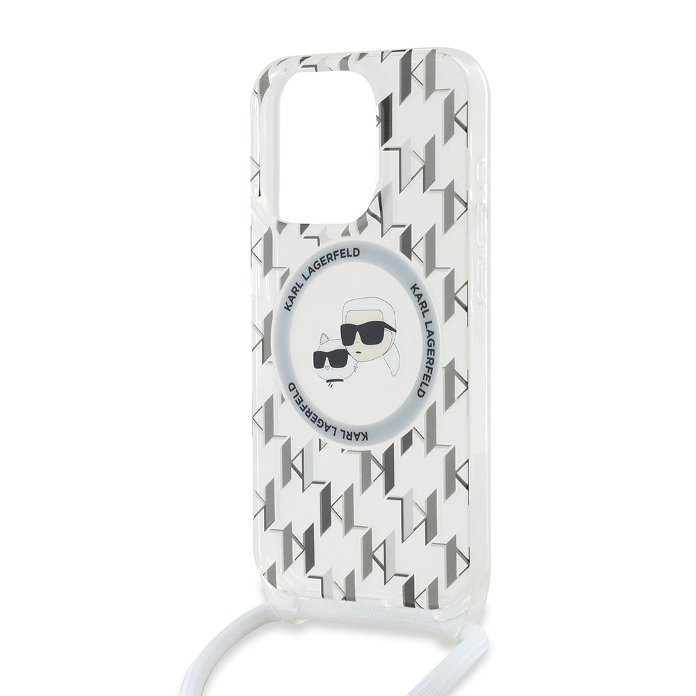 Futrola MagSafe za Apple iPhone 15 Pro, Karl Lagerfeld, IML Crossbody Monogram Karl & Choupette's Heads, Transparentna