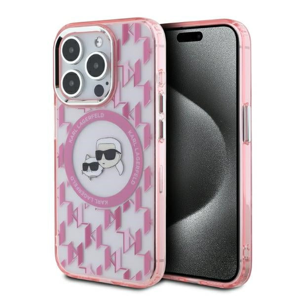 Futrola MagSafe za Apple iPhone 15 Pro, Karl Lagerfeld, IML Monogram Karl & Choupette's Heads, Roze
