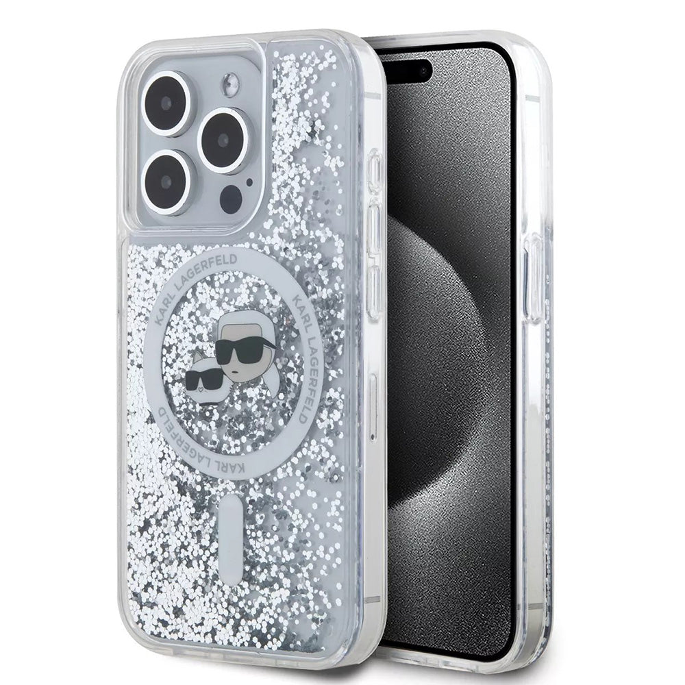 Husa MagSafe za Apple iPhone 15 Pro, Karl Lagerfeld, Liquid Glitter Karl & Choupette's Heads, Transparentna