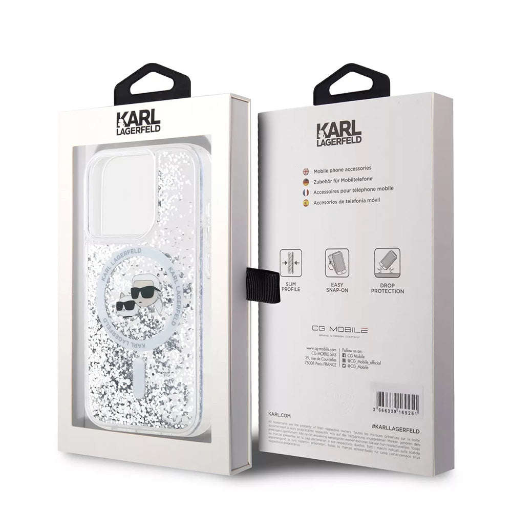 Husa MagSafe za Apple iPhone 15 Pro, Karl Lagerfeld, Liquid Glitter Karl & Choupette's Heads, Transparentna