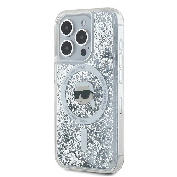 Husa MagSafe za Apple iPhone 15 Pro, Karl Lagerfeld, Liquid Glitter Karl's Head, Transparentna