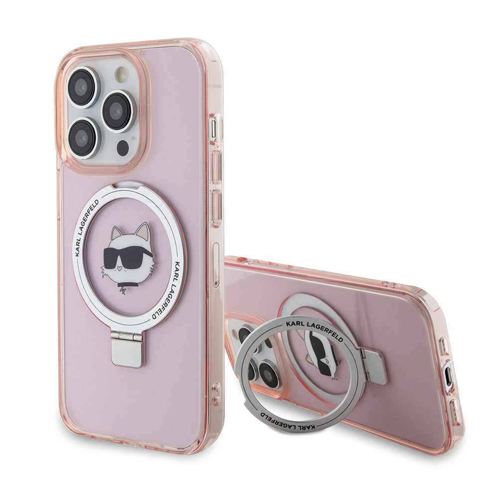 Futrola MagSafe za Apple iPhone 15 Pro, Karl Lagerfeld, Ring Stand Choupette's Head, Roze