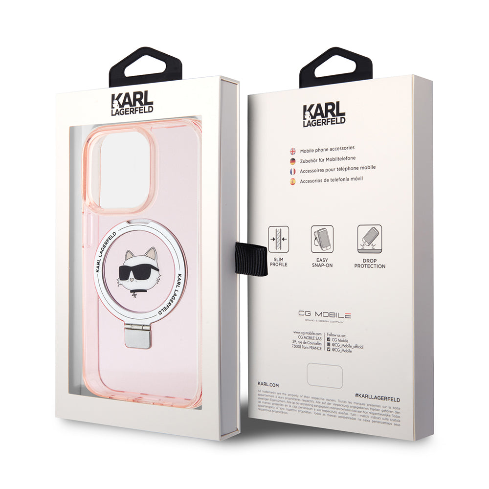 Futrola MagSafe za Apple iPhone 15 Pro, Karl Lagerfeld, Ring Stand Choupette's Head, Roze