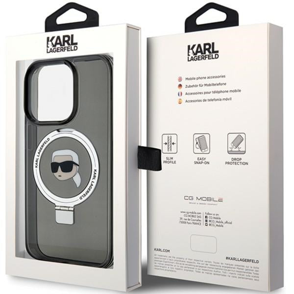 Husa MagSafe za Apple iPhone 15 Pro, Karl Lagerfeld, Ring Stand Karl's Head, Crna