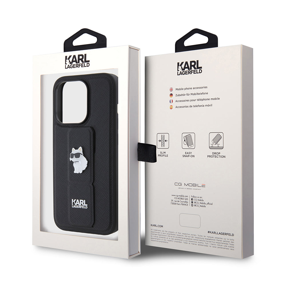 Futrola MagSafe za Apple iPhone 15 Pro, Karl Lagerfeld, Saffiano Gripstand Choupette, Crna