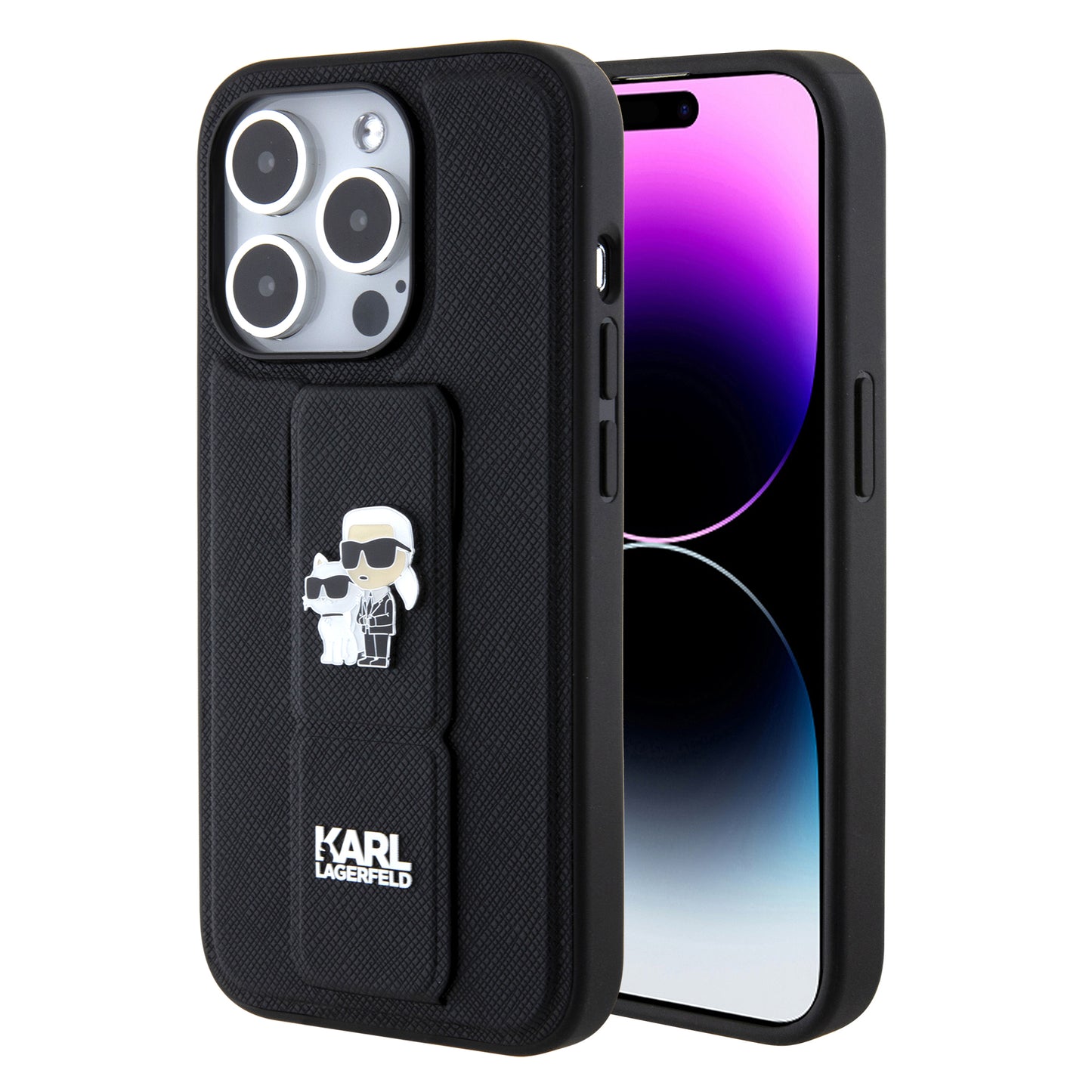 Futrola MagSafe za Apple iPhone 15 Pro, Karl Lagerfeld, Saffiano Gripstand Karl & Choupette, Crna