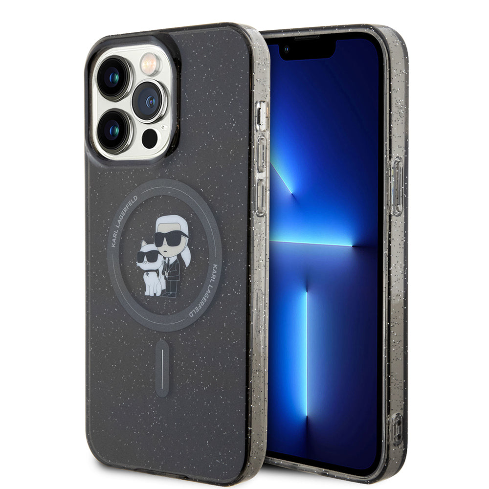 Husa MagSafe za Apple iPhone 15 Pro Max, Karl Lagerfeld, Glitter Karl & Choupette, Crna