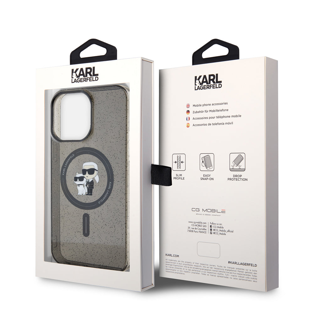 Husa MagSafe za Apple iPhone 15 Pro Max, Karl Lagerfeld, Glitter Karl & Choupette, Crna