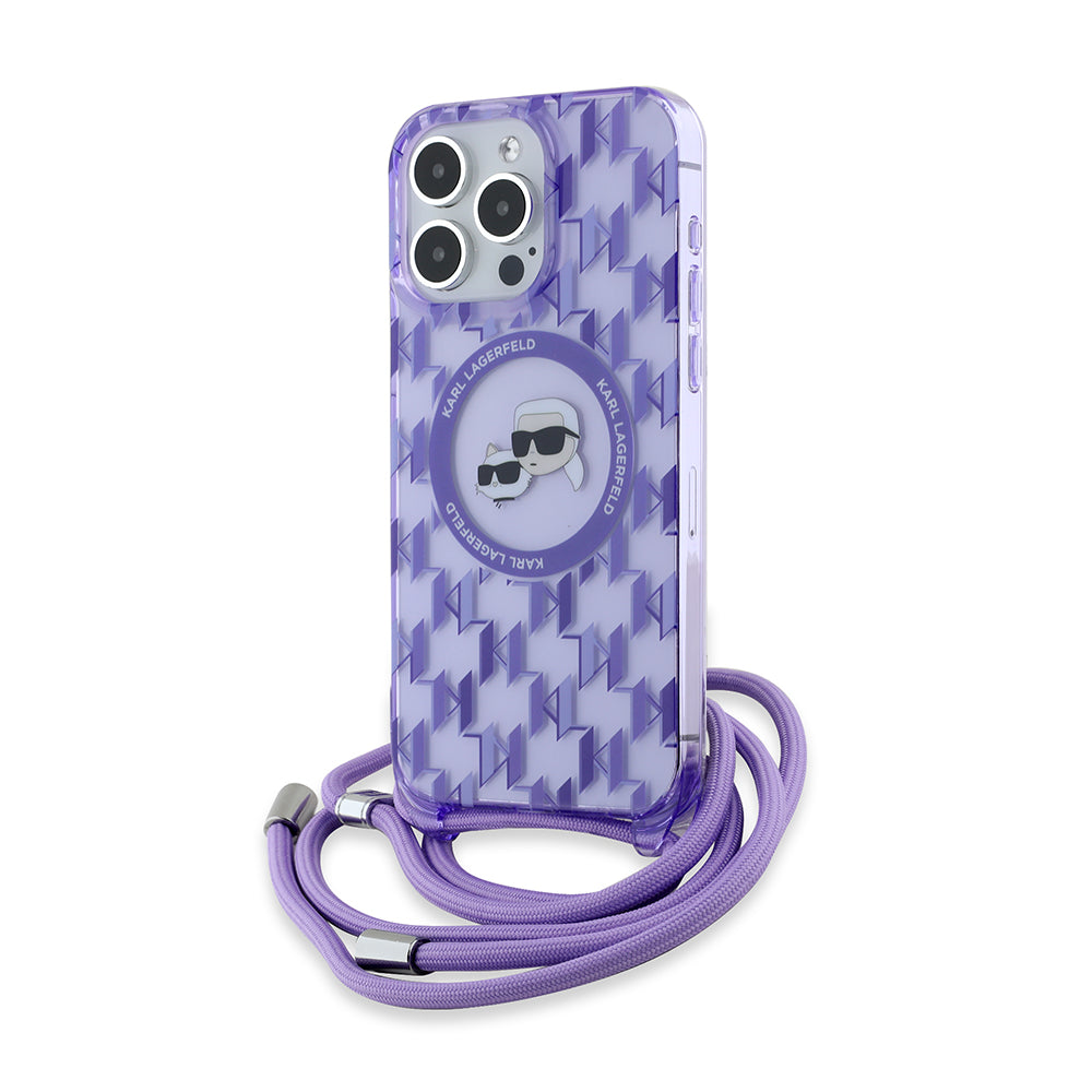 Futrola MagSafe za Apple iPhone 15 Pro Max, Karl Lagerfeld, IML Crossbody Monogram Karl & Choupette's Heads, Ljubičasta