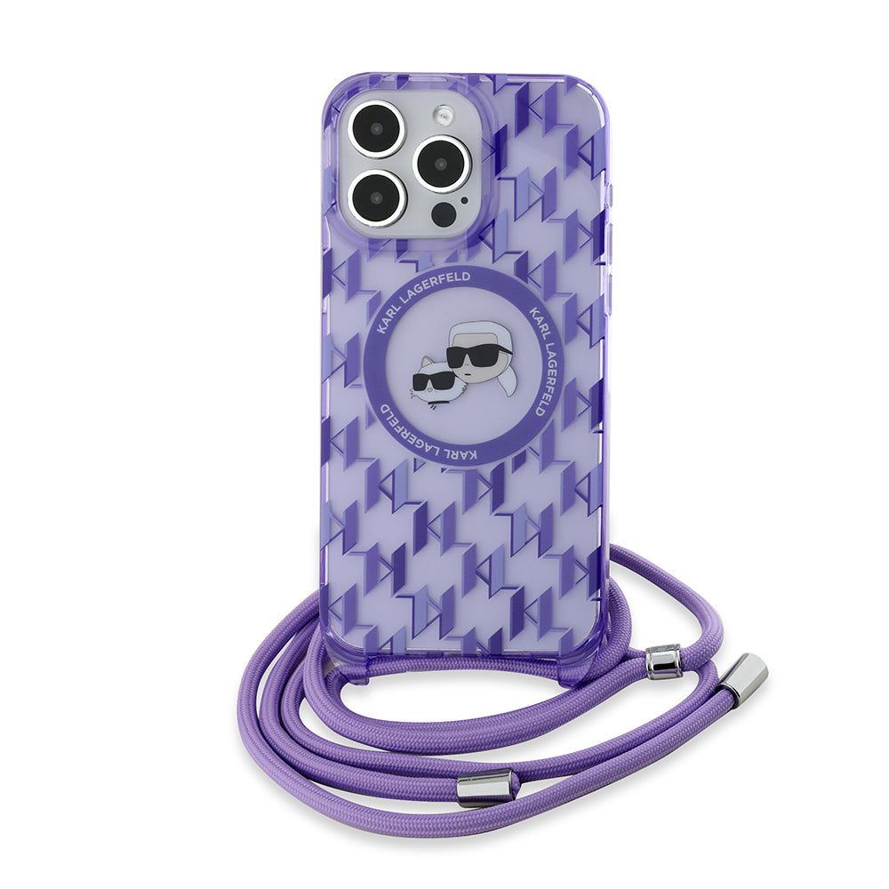 Futrola MagSafe za Apple iPhone 15 Pro Max, Karl Lagerfeld, IML Crossbody Monogram Karl & Choupette's Heads, Ljubičasta