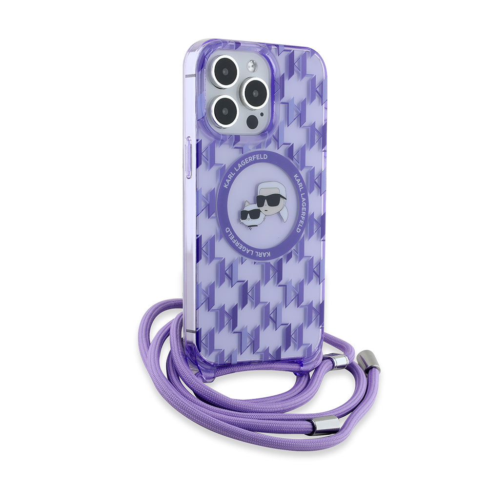 Futrola MagSafe za Apple iPhone 15 Pro Max, Karl Lagerfeld, IML Crossbody Monogram Karl & Choupette's Heads, Ljubičasta