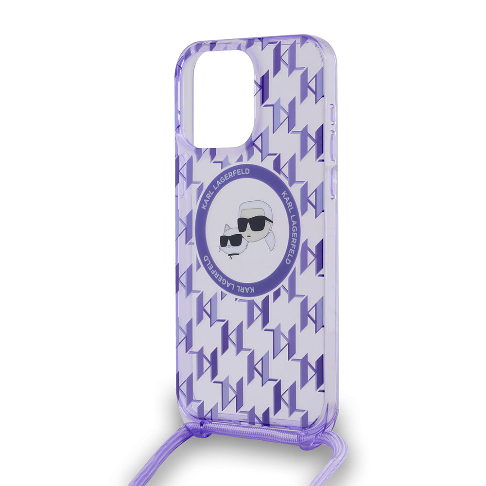 Futrola MagSafe za Apple iPhone 15 Pro Max, Karl Lagerfeld, IML Crossbody Monogram Karl & Choupette's Heads, Ljubičasta