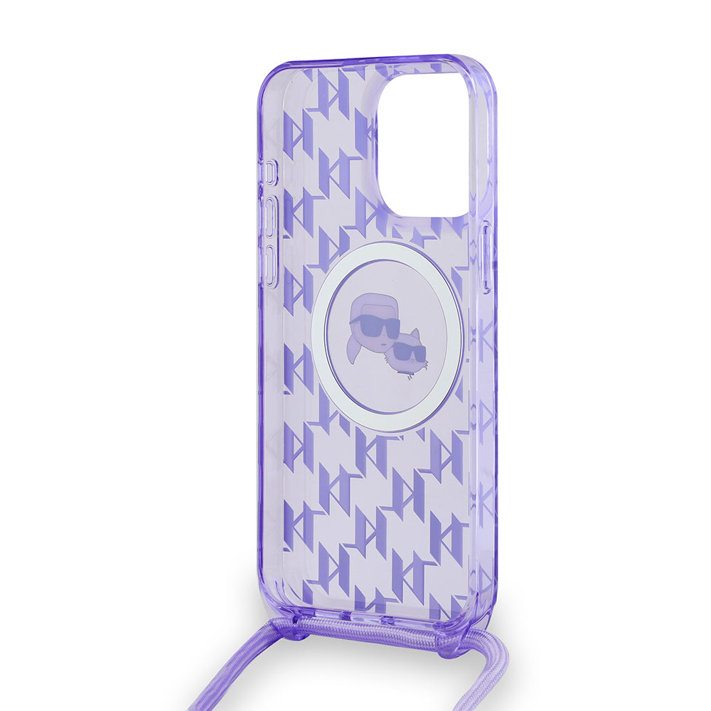 Futrola MagSafe za Apple iPhone 15 Pro Max, Karl Lagerfeld, IML Crossbody Monogram Karl & Choupette's Heads, Ljubičasta
