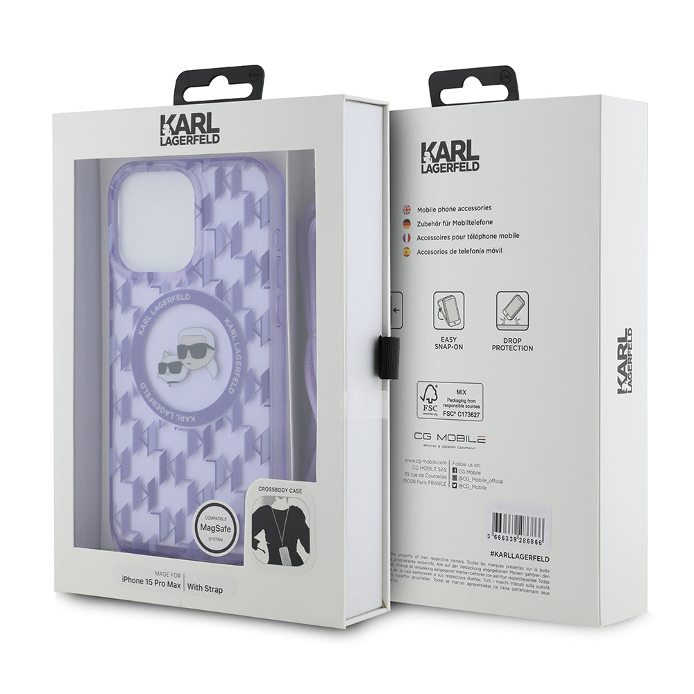 Futrola MagSafe za Apple iPhone 15 Pro Max, Karl Lagerfeld, IML Crossbody Monogram Karl & Choupette's Heads, Ljubičasta
