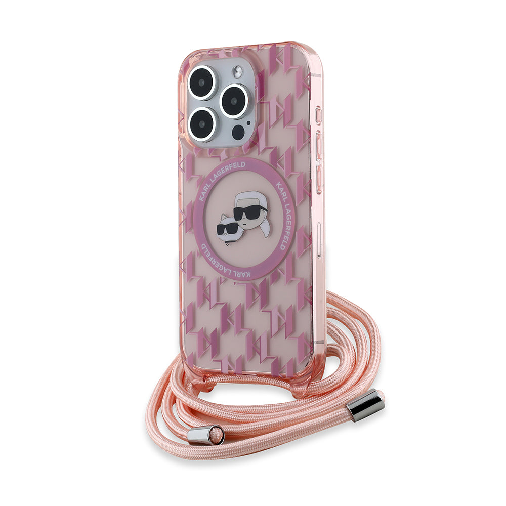 Futrola MagSafe za Apple iPhone 15 Pro Max, Karl Lagerfeld, IML Crossbody Monogram Karl & Choupette's Heads, Roze