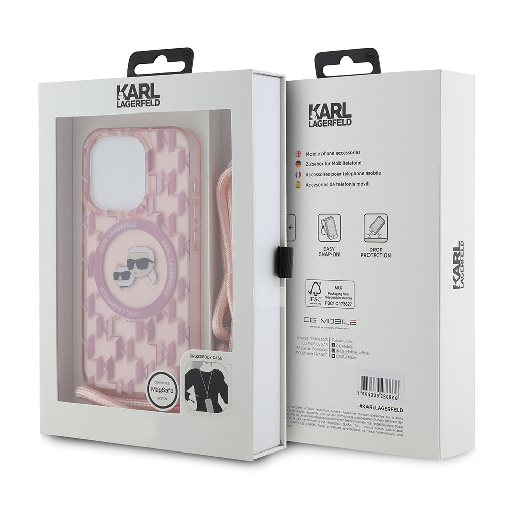 Futrola MagSafe za Apple iPhone 15 Pro Max, Karl Lagerfeld, IML Crossbody Monogram Karl & Choupette's Heads, Roze