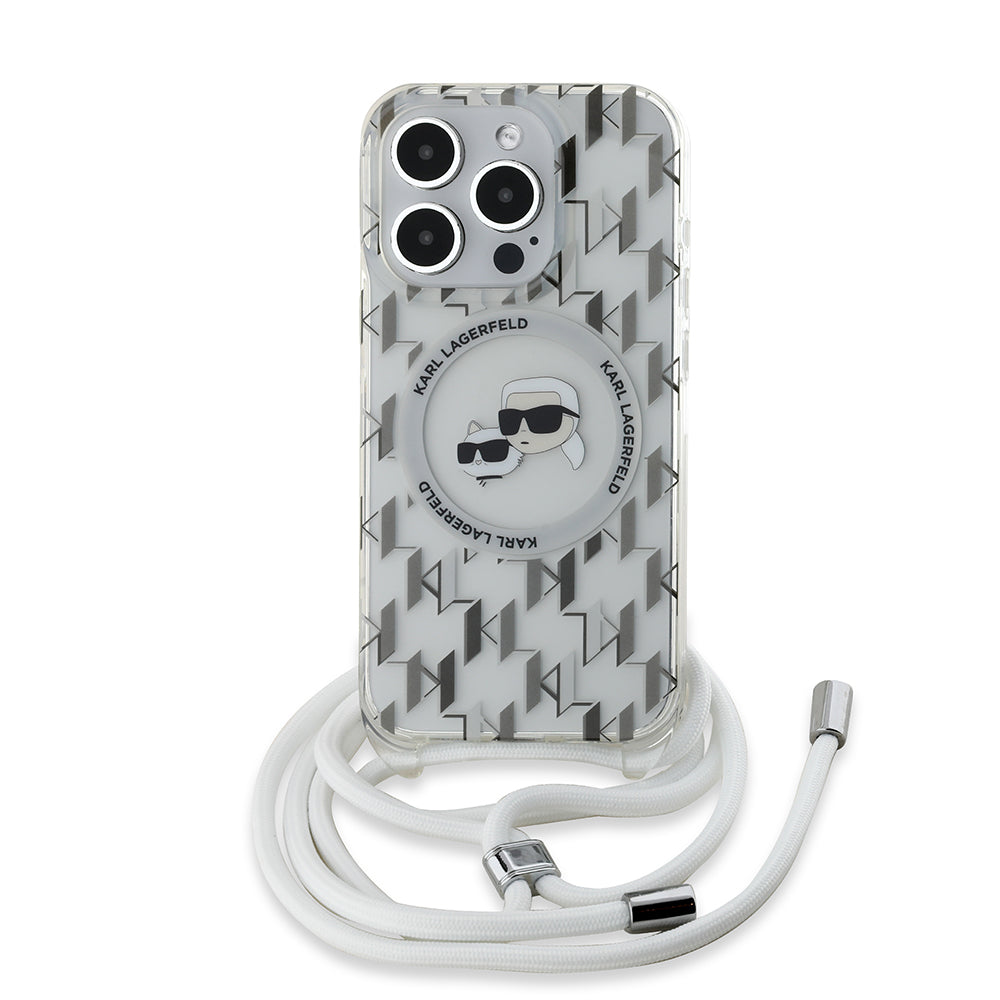 Futrola MagSafe za Apple iPhone 15 Pro Max, Karl Lagerfeld, IML Crossbody Monogram Karl & Choupette's Heads, Transparentna