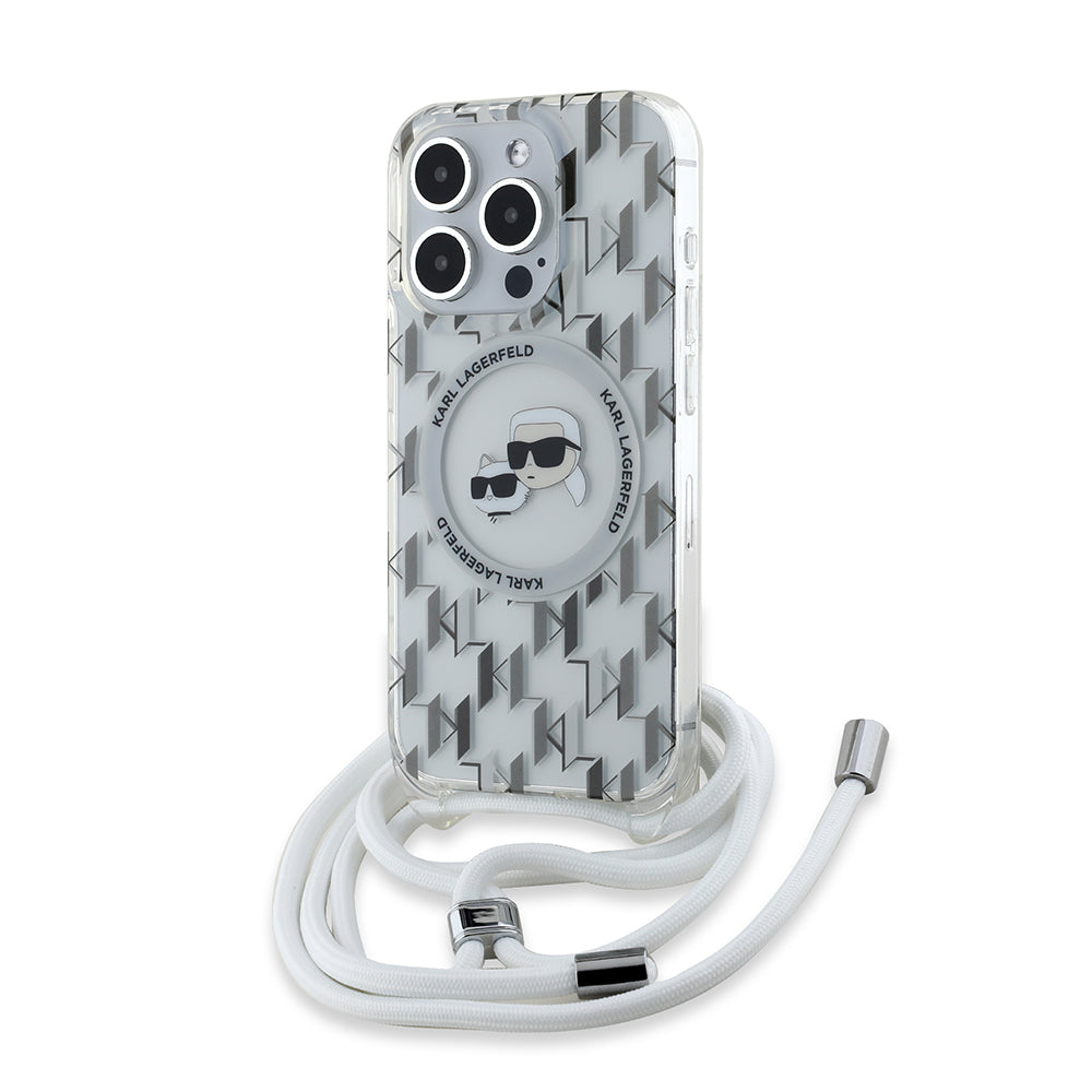 Futrola MagSafe za Apple iPhone 15 Pro Max, Karl Lagerfeld, IML Crossbody Monogram Karl & Choupette's Heads, Transparentna