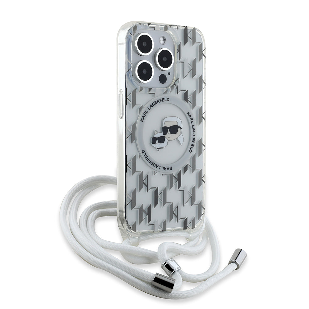 Futrola MagSafe za Apple iPhone 15 Pro Max, Karl Lagerfeld, IML Crossbody Monogram Karl & Choupette's Heads, Transparentna