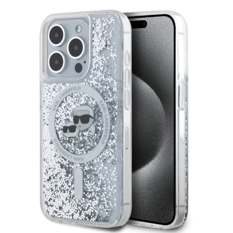 Futrola MagSafe za Apple iPhone 15 Pro Max, Karl Lagerfeld, Liquid Glitter Karl & Choupette's Heads, Transparentna