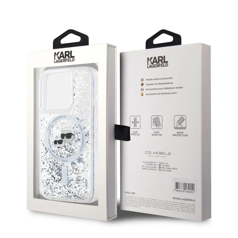 Futrola MagSafe za Apple iPhone 15 Pro Max, Karl Lagerfeld, Liquid Glitter Karl & Choupette's Heads, Transparentna