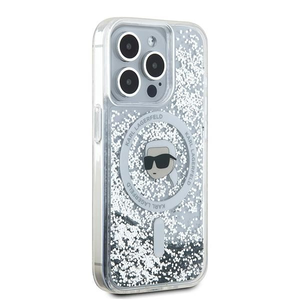 Husa MagSafe za Apple iPhone 15 Pro Max, Karl Lagerfeld, Liquid Glitter Karl's Head, Transparentna