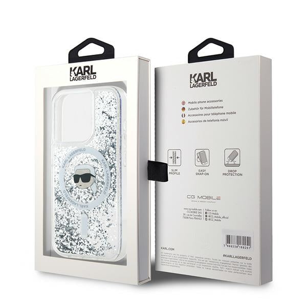 Husa MagSafe za Apple iPhone 15 Pro Max, Karl Lagerfeld, Liquid Glitter Karl's Head, Transparentna