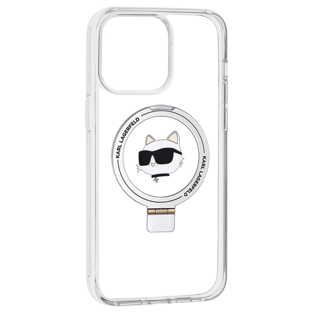 Husa MagSafe za Apple iPhone 15 Pro Max, Karl Lagerfeld, Ring Stand Choupette's Head, Bela