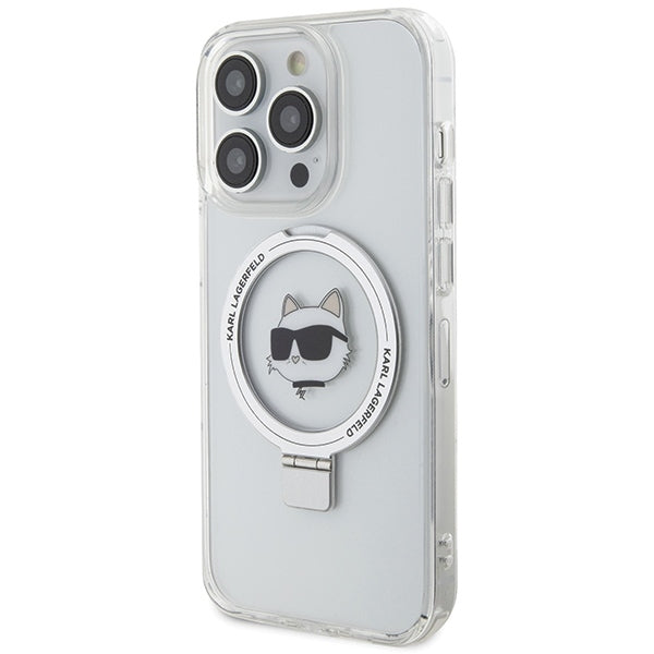 Husa MagSafe za Apple iPhone 15 Pro Max, Karl Lagerfeld, Ring Stand Choupette's Head, Bela