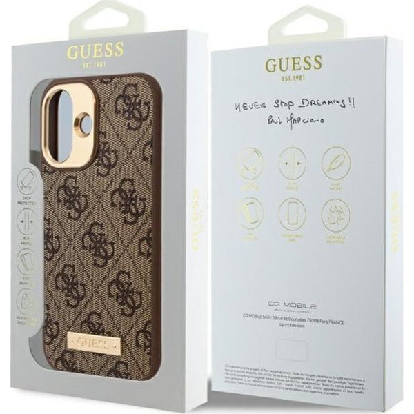 Futrola MagSafe za Apple iPhone 16, Guess, 4G Logo Plate, Braon