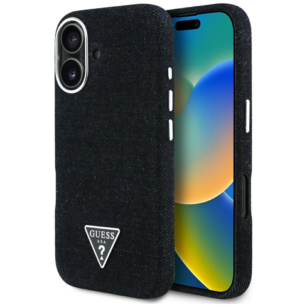 Futrola MagSafe za Apple iPhone 16, Guess, Denim Triangle Logo, Crna